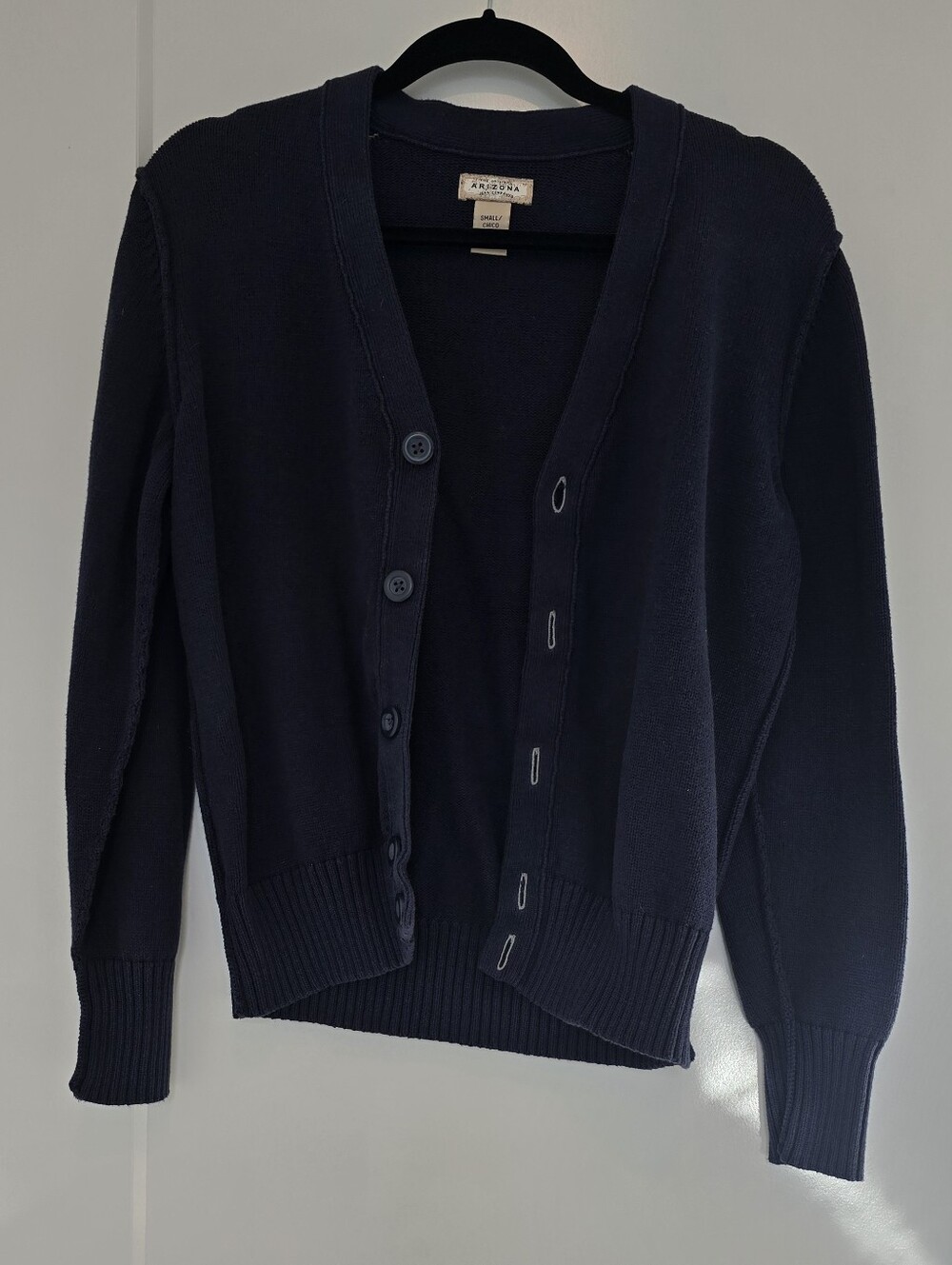 Vtg Arizona Navy Button-Front V-Neck Cardigan 100% Cotton